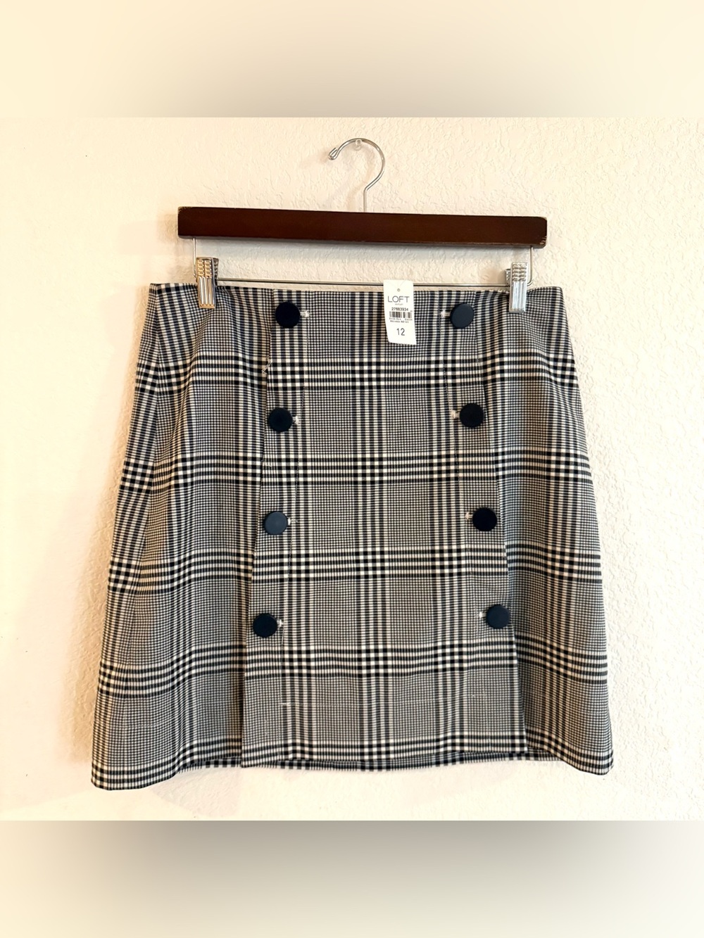NWT LOFT Womens Skirt Navy Blue White Plaid Houndstooth Buttons Slit Size 12
